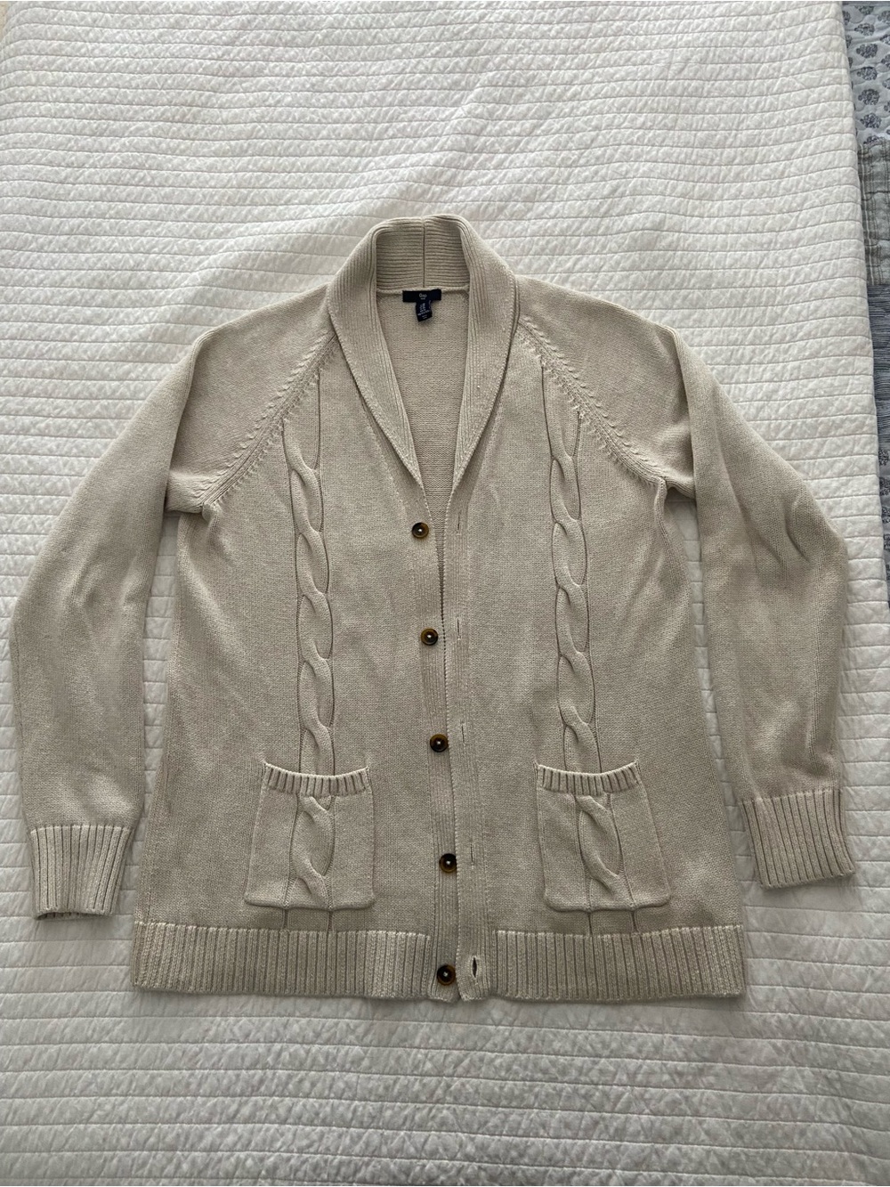 GAP Cream Cable Knit Shawl-Collar Button Cardigan